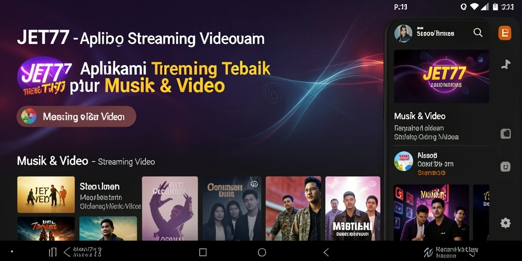 Antarmuka JET77 menampilkan berbagai pilihan video dan musik dengan jelas.